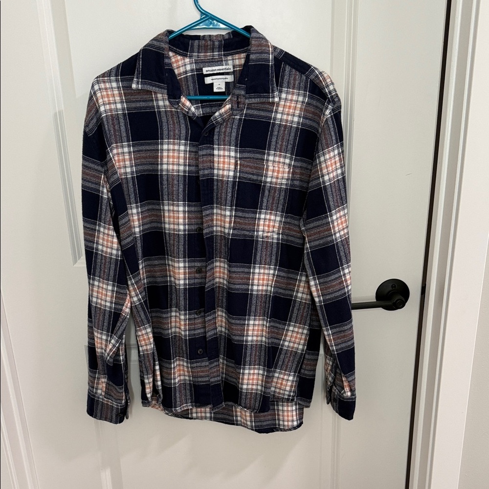 Amazon Essentials Men's Plaid Shirt - Navy, White, and Orange
